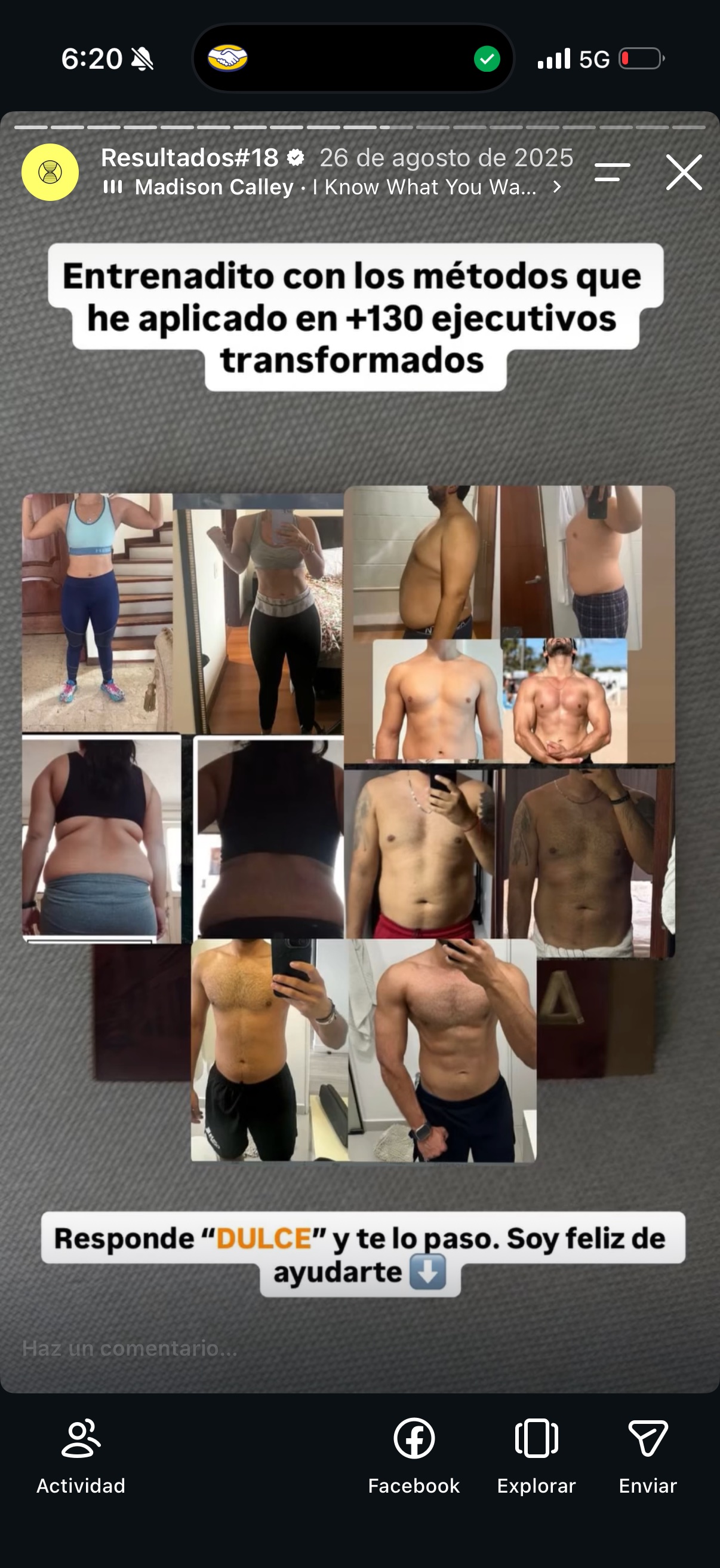 Comparación de progreso compartida por una persona de un programa anterior